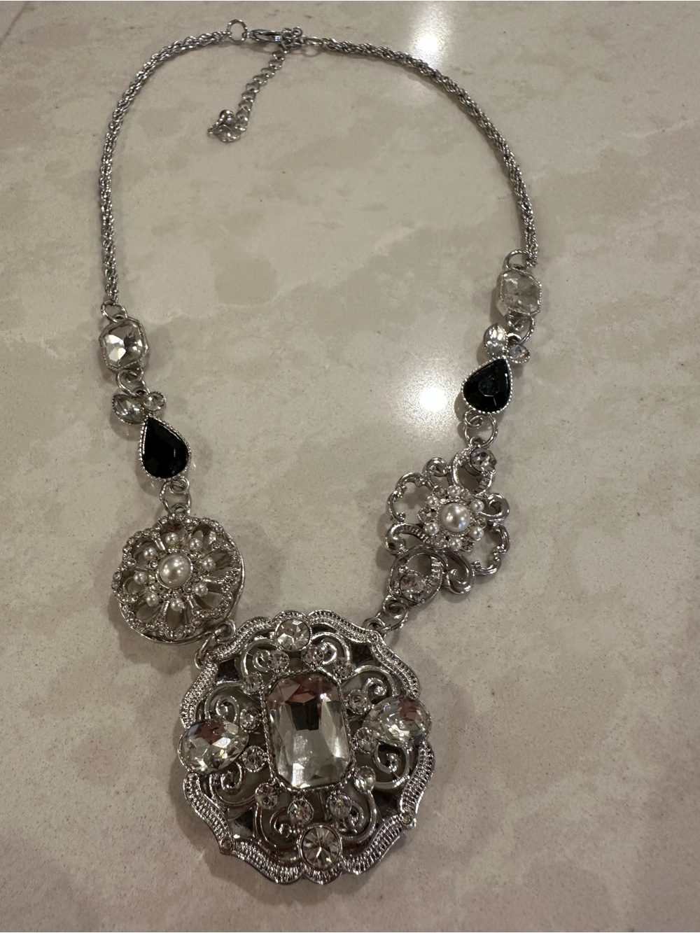 Silver-Tone Statement Necklace with Clear Crystals and Black Accents
